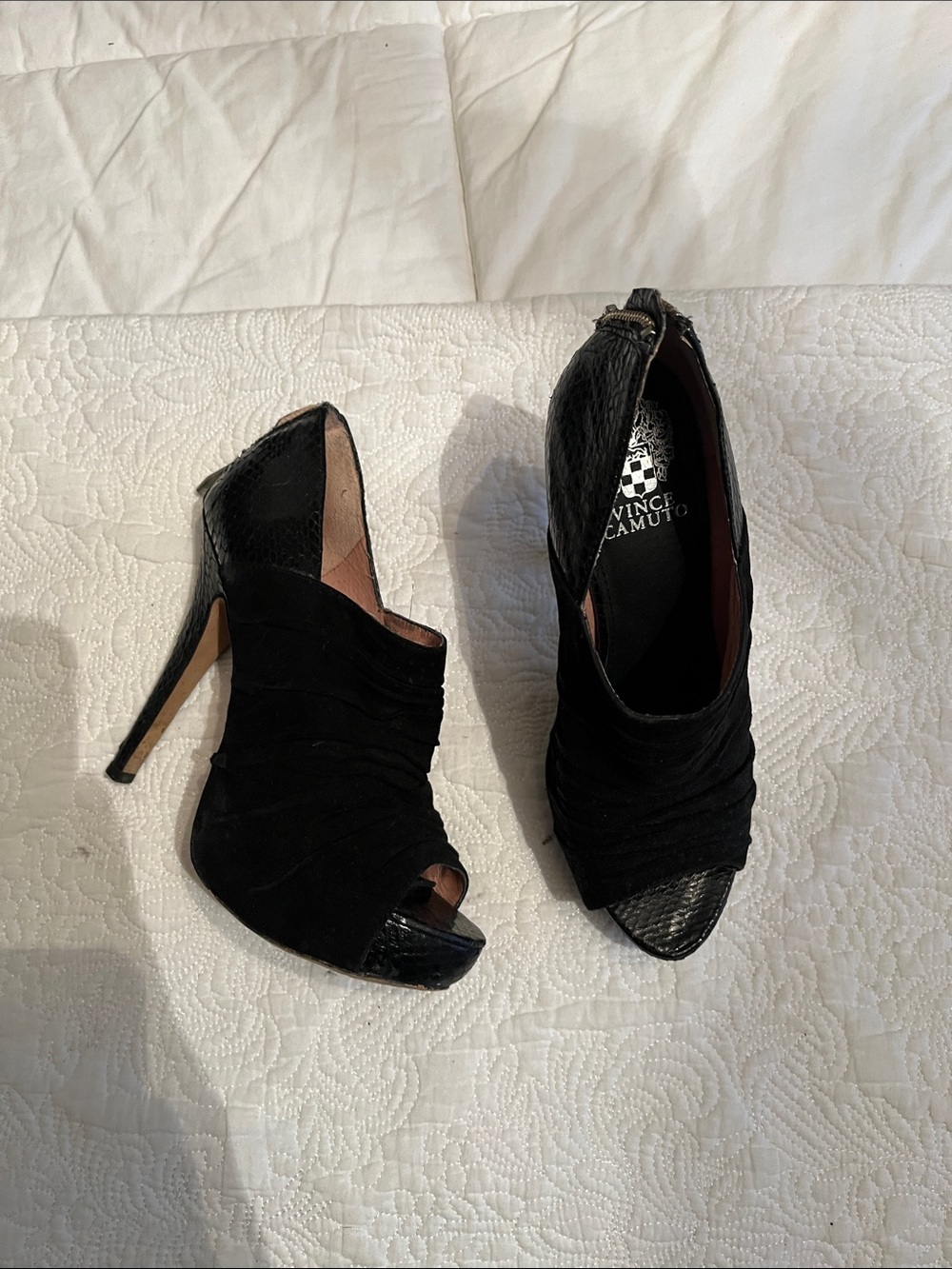 Vince Camuto Black Peep-Toe Stiletto Booties with Textured Heel